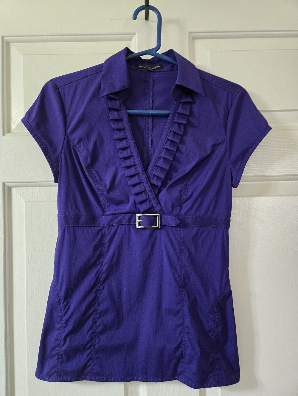 Express Purple Ruffled V-Neck Belted Blouse